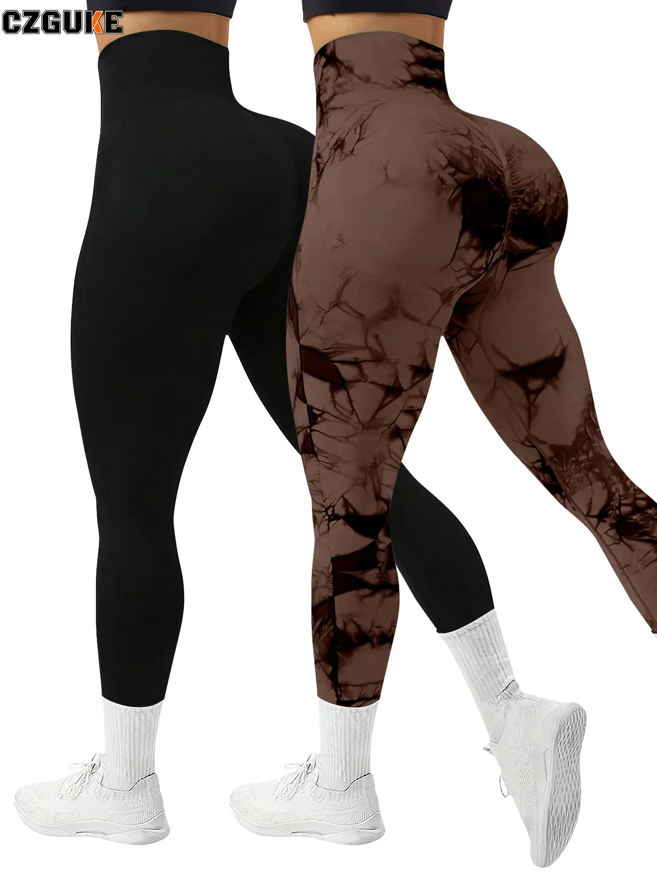 CZGUKE 2-Piece Women's Tie Dye Pants Sports Leggings Seamless High Waisted Push Ups Women's Fitness and Exercise Clothes