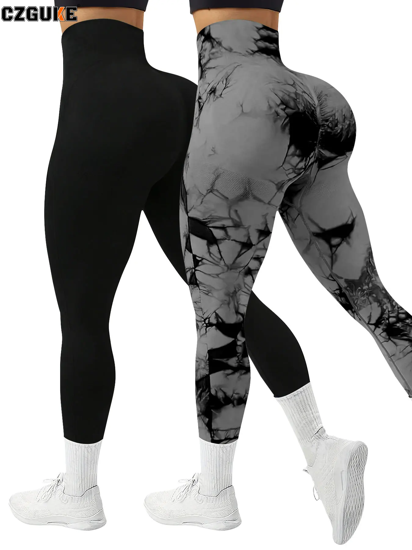 CZGUKE 2-Piece Women's Tie Dye Pants Sports Leggings Seamless High Waisted Push Ups Women's Fitness and Exercise Clothes