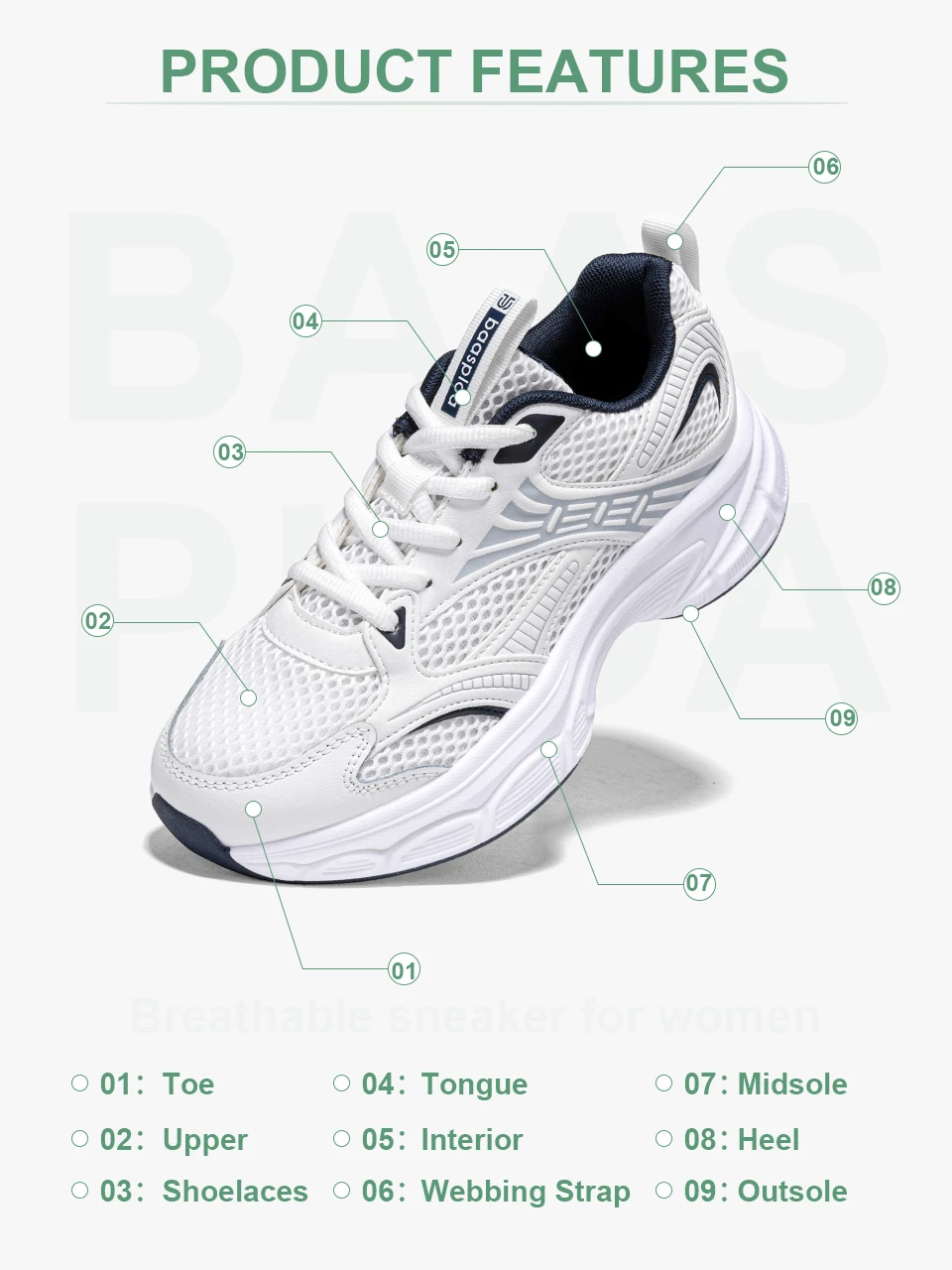 Baasploa Women Running Shoes Lightweight Breathable Sport Shoes For Women Comfort White Sneakers Casual Sneakers Non-Slip