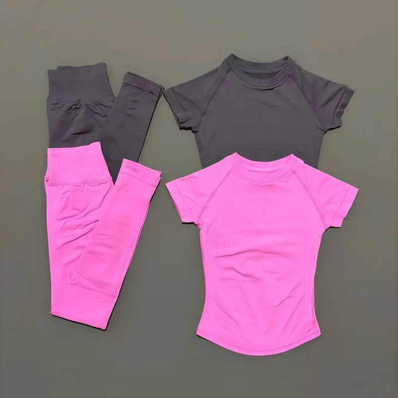2 Pieces Short Sleeve Sports Set Women Round Neck Breathable Short Sleeve Yoga Sports Leggings Gym Sportswear Workout Sets