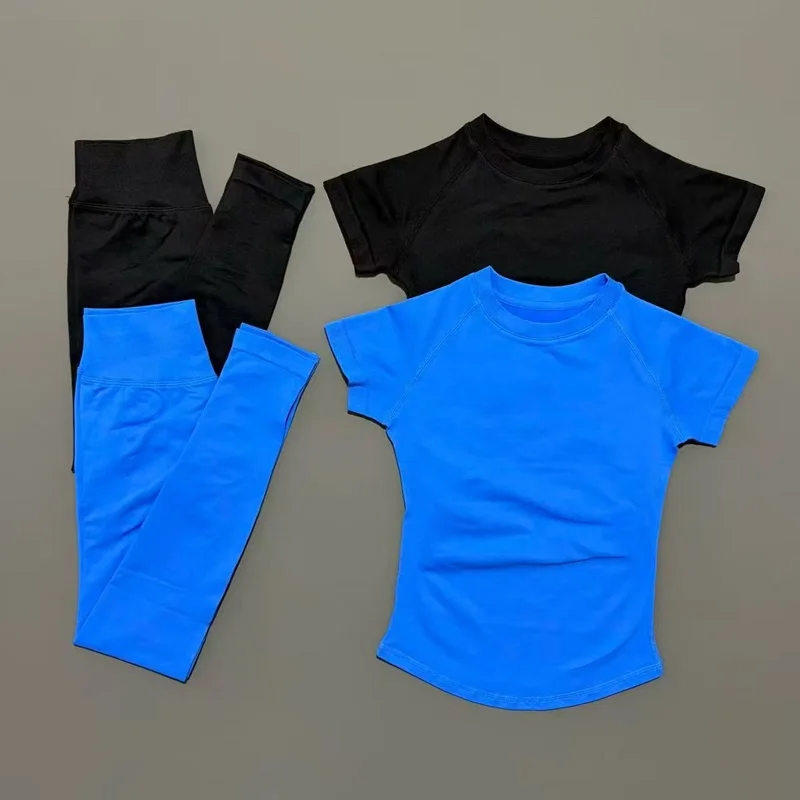 2 Pieces Short Sleeve Sports Set Women Round Neck Breathable Short Sleeve Yoga Sports Leggings Gym Sportswear Workout Sets