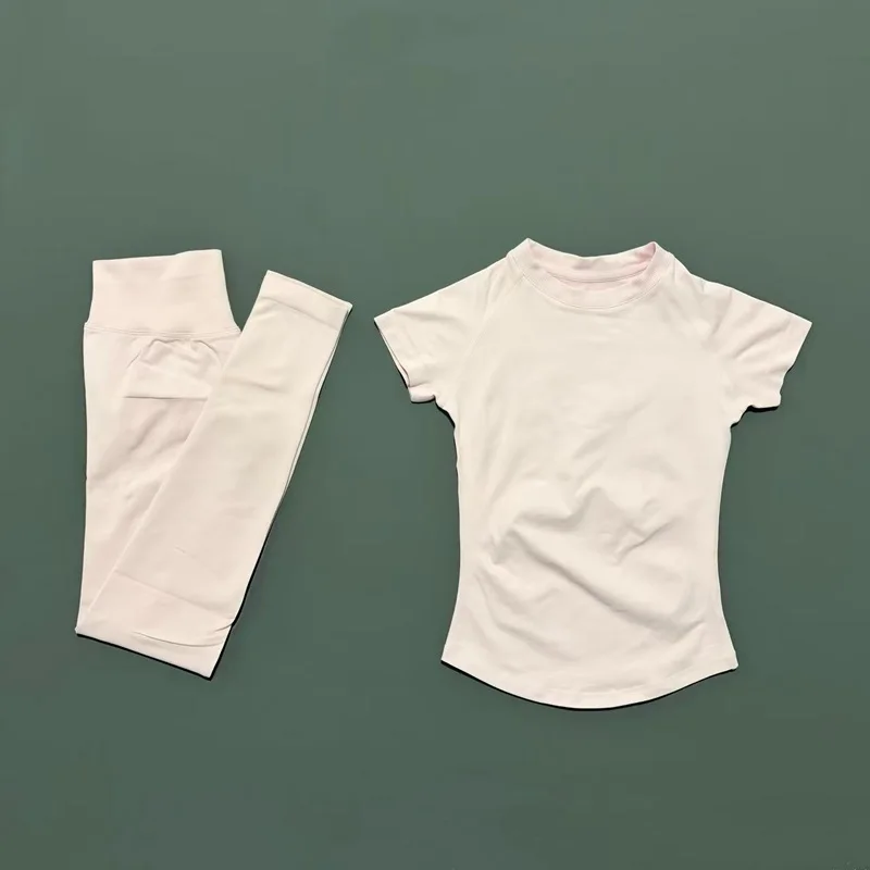 2 Pieces Short Sleeve Sports Set Women Round Neck Breathable Short Sleeve Yoga Sports Leggings Gym Sportswear Workout Sets