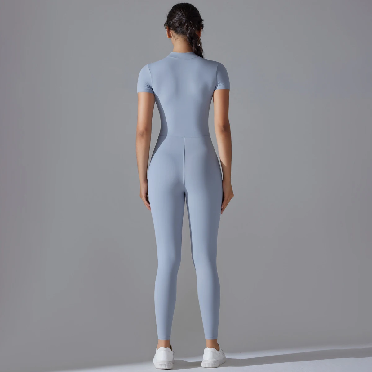 Naked zipper short sleeved yoga suit jumpsuit, quick drying breathable outdoor sports tight fitting jumpsuit, fitness suit