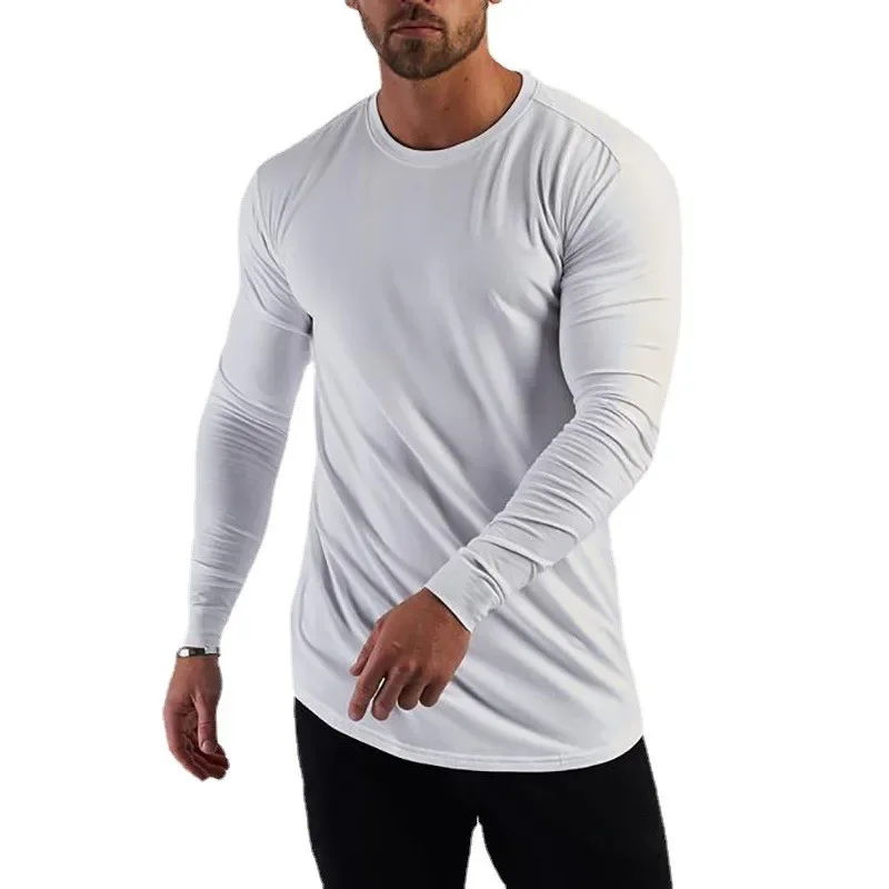 Plain Cotton Breathable Long Sleeve Clothing Gym Fitness Bodybuilding Sport T-shirts Mens Workout Casual Slim Fit Autumn Shirts