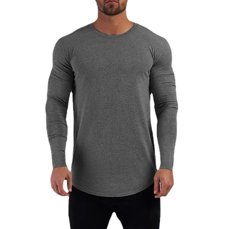 Plain Cotton Breathable Long Sleeve Clothing Gym Fitness Bodybuilding Sport T-shirts Mens Workout Casual Slim Fit Autumn Shirts
