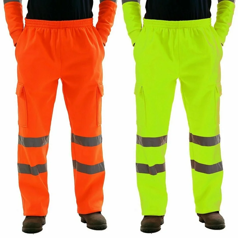 Men's Reflective Warm Fleece Casual Running Pants High Visibility Work Safety Winter Hiking Trousers Bottoms Thick Trekking Ski
