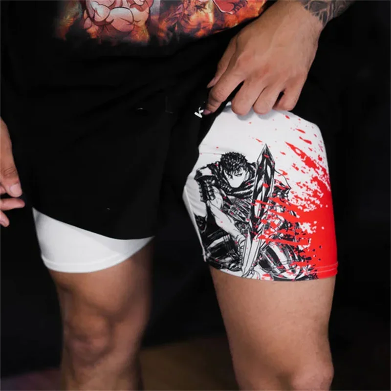 Anime Sports Fitness Running Jogging Performance Shorts Men's Shorts 2 In 1 Bilayer Shorts Print Casual Summer
