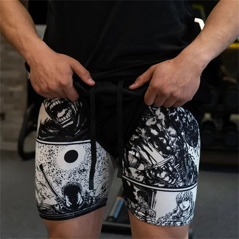 Anime Sports Fitness Running Jogging Performance Shorts Men's Shorts 2 In 1 Bilayer Shorts Print Casual Summer
