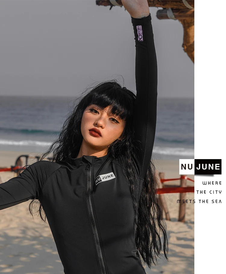 Nu-June Women Surf Top Rashguard Swimming Suit Long Sleeve Zipper Rash Guard Surfing UPF50+ Swimsuit Quick-Dry Top Beachwear