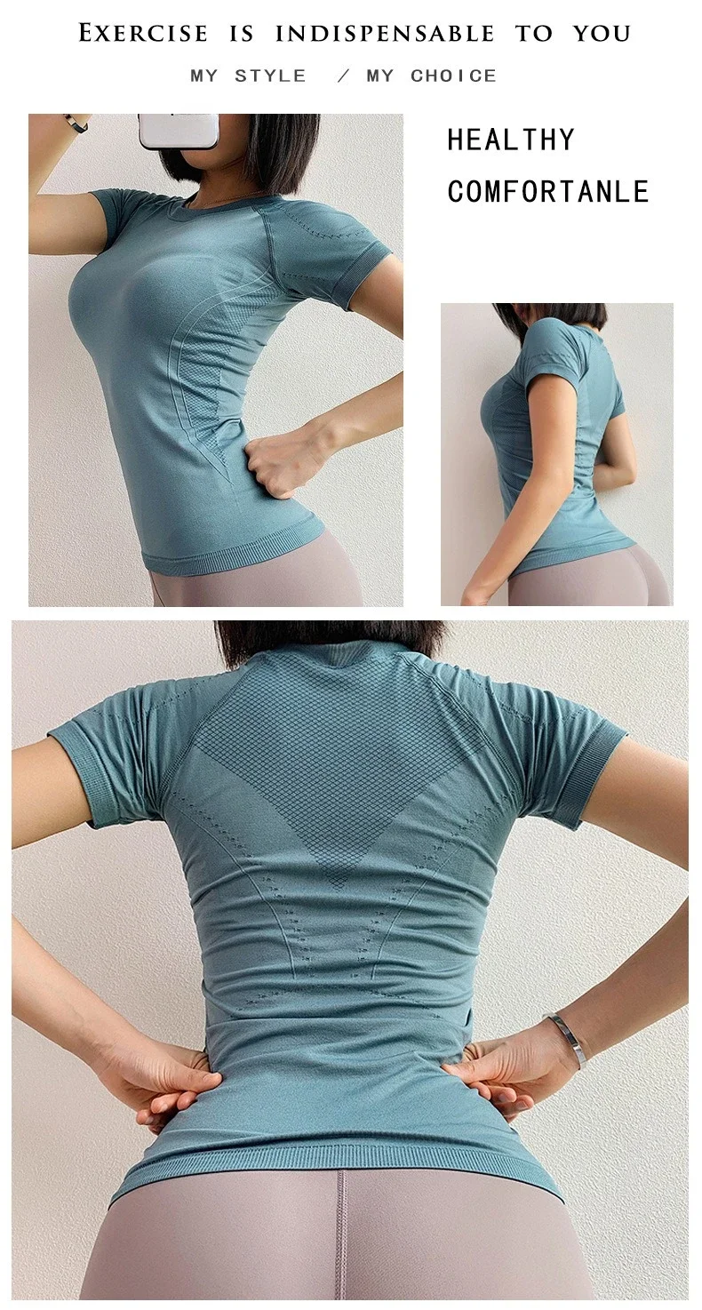 Women Yoga Shirts Sports T Shirt Summer Short Sleeve Round Neck Breathable Stretchy GYM Yoga Slim Fitness Active Top Tee