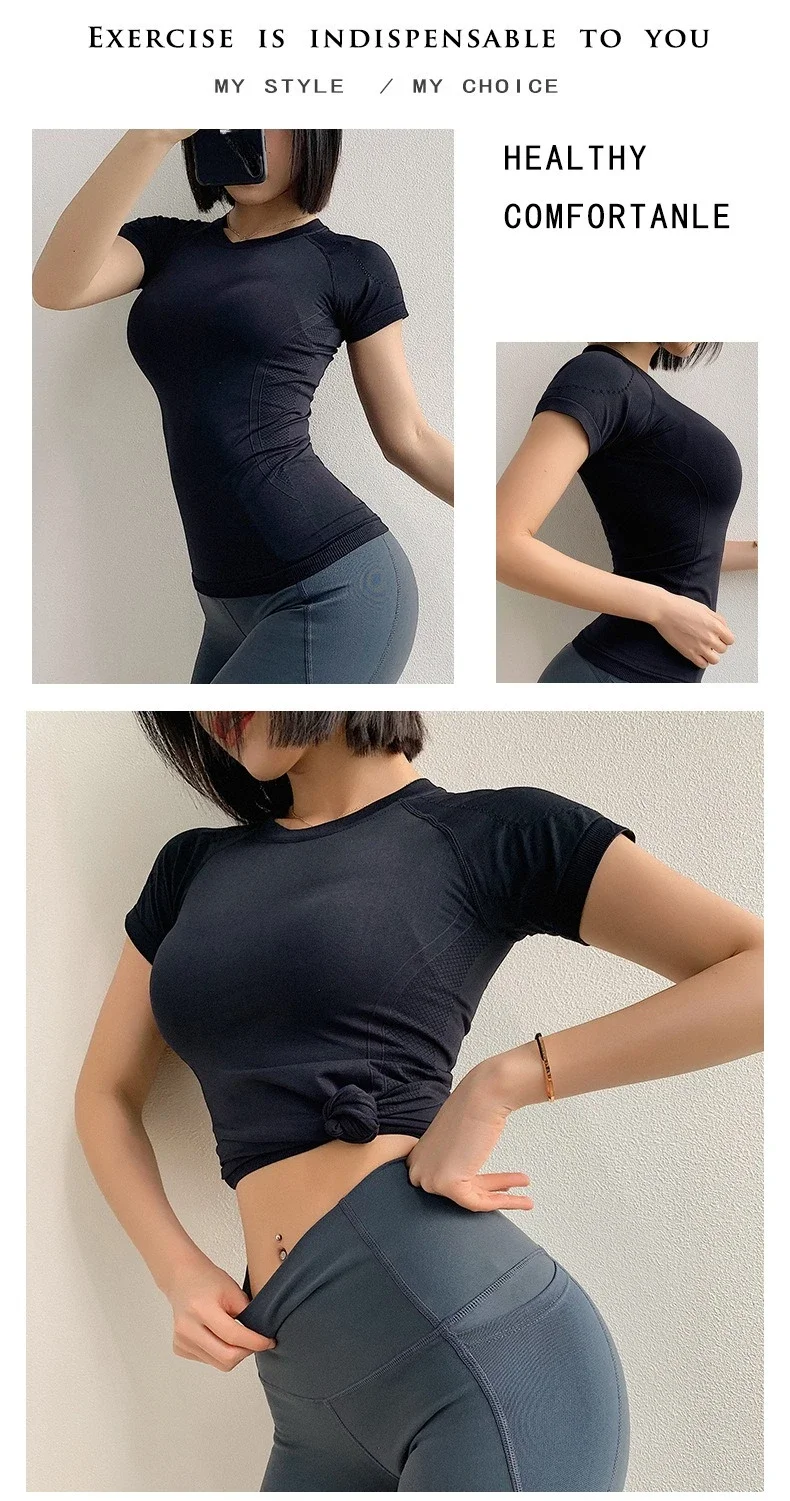 Women Yoga Shirts Sports T Shirt Summer Short Sleeve Round Neck Breathable Stretchy GYM Yoga Slim Fitness Active Top Tee