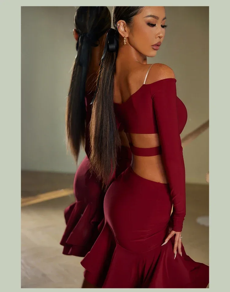 Sexy Off Shoulder Latin Top Ruffled Skirts Latin Dance Costume Stage Performance Clothes Samba Tango Dance Wear Set for Women
