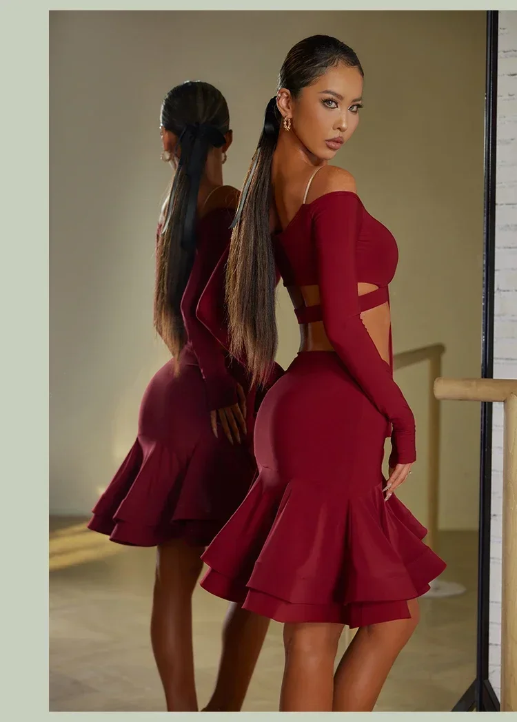 Sexy Off Shoulder Latin Top Ruffled Skirts Latin Dance Costume Stage Performance Clothes Samba Tango Dance Wear Set for Women