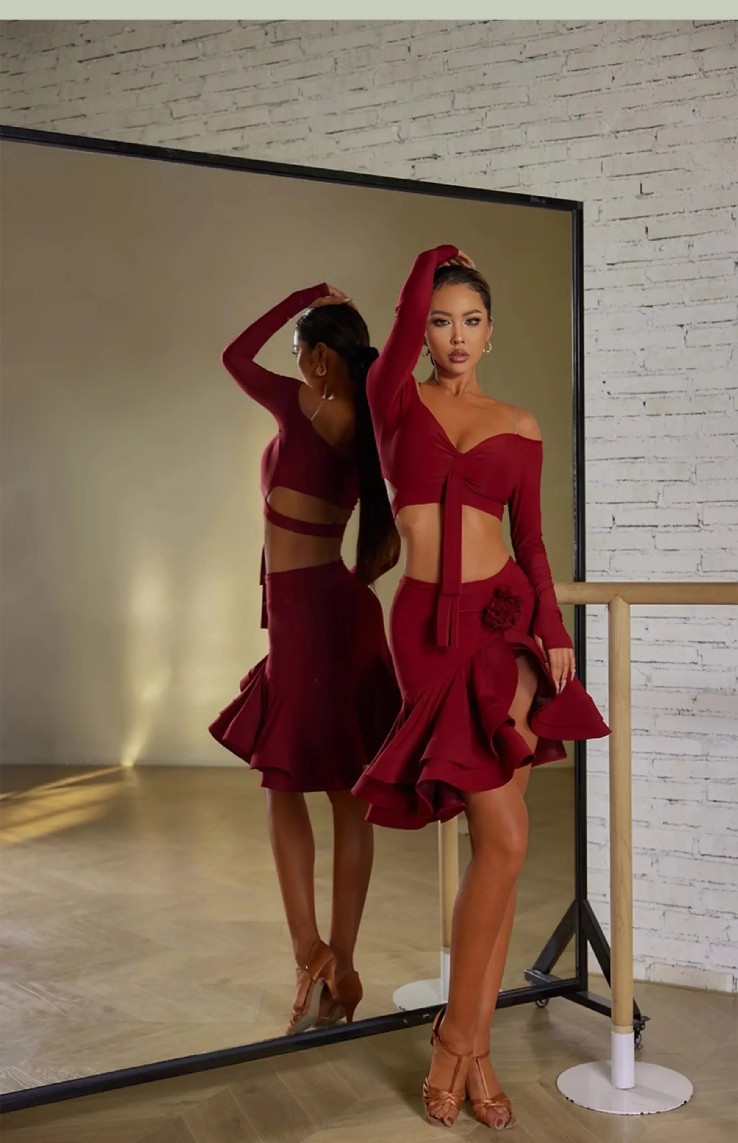 Sexy Off Shoulder Latin Top Ruffled Skirts Latin Dance Costume Stage Performance Clothes Samba Tango Dance Wear Set for Women