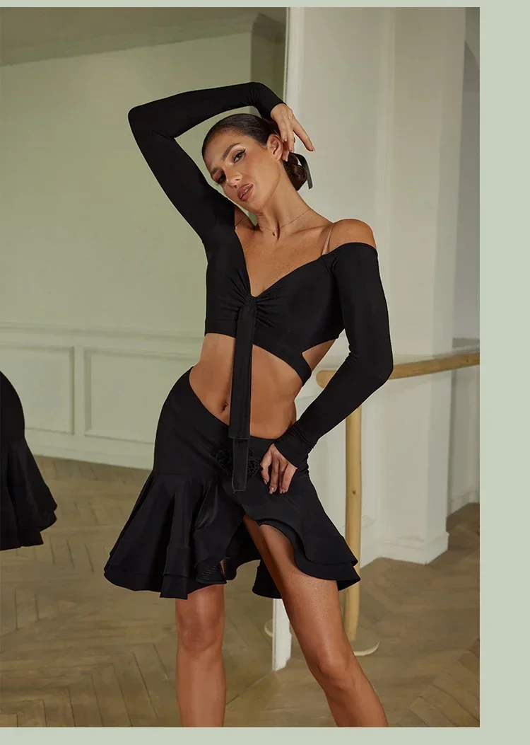 Sexy Off Shoulder Latin Top Ruffled Skirts Latin Dance Costume Stage Performance Clothes Samba Tango Dance Wear Set for Women