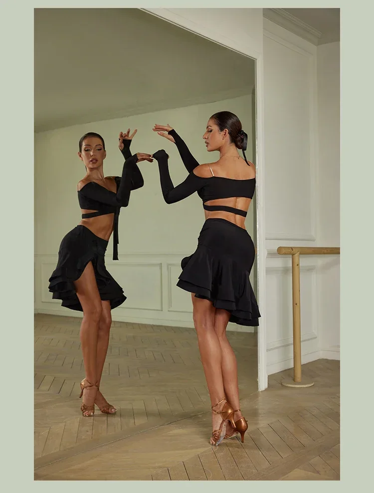 Sexy Off Shoulder Latin Top Ruffled Skirts Latin Dance Costume Stage Performance Clothes Samba Tango Dance Wear Set for Women