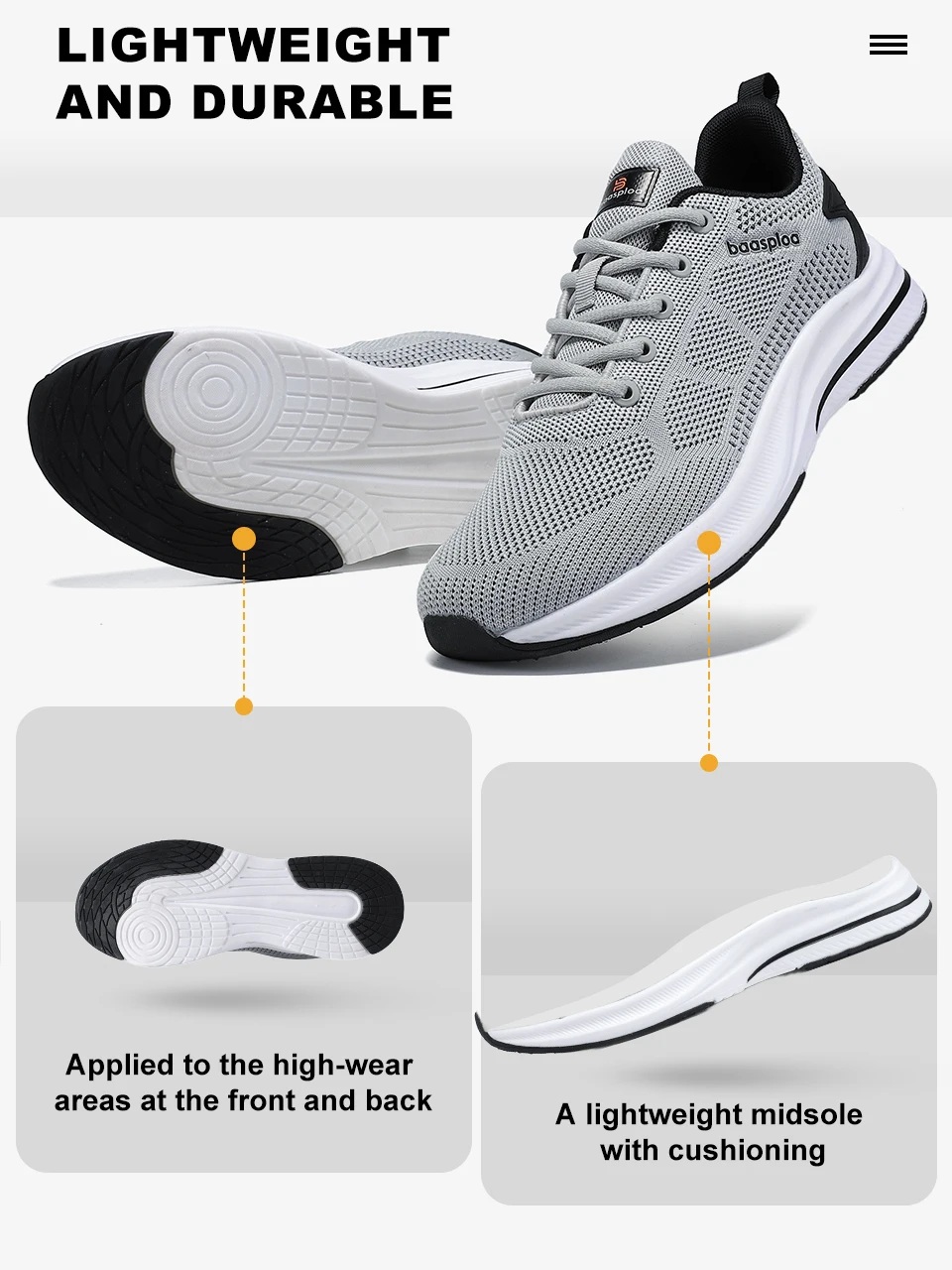Baasploa Men Running Shoes New Mesh Breathable Casual Sneakers Male Lace-Up Comfort Lightweight Sport Shoes Non-Slip Outdoor