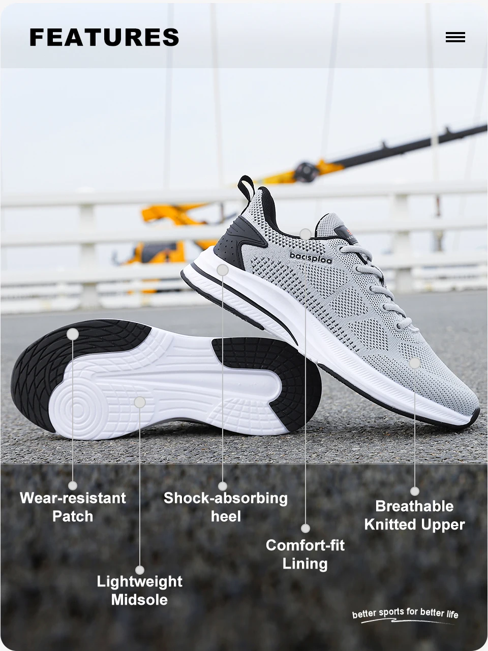 Baasploa Men Running Shoes New Mesh Breathable Casual Sneakers Male Lace-Up Comfort Lightweight Sport Shoes Non-Slip Outdoor