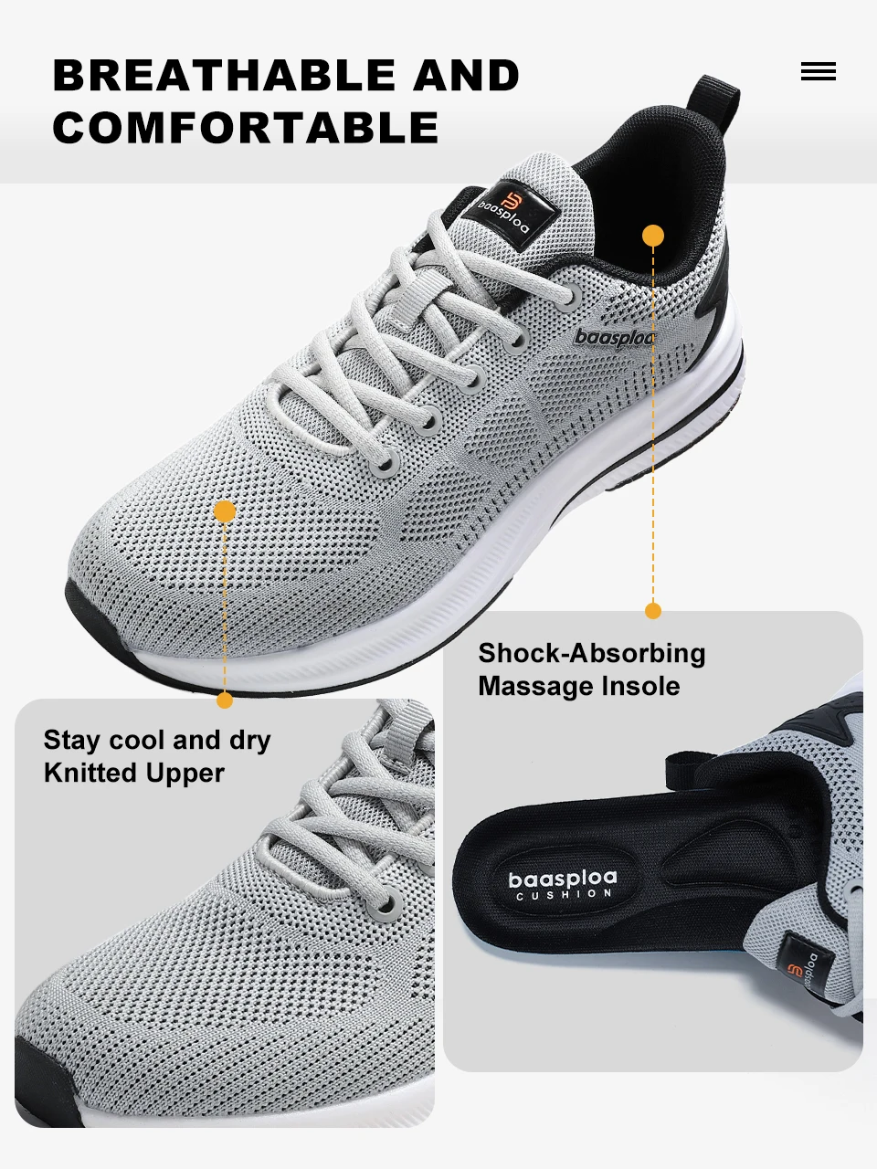 Baasploa Men Running Shoes New Mesh Breathable Casual Sneakers Male Lace-Up Comfort Lightweight Sport Shoes Non-Slip Outdoor