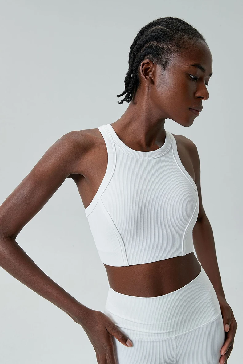 High Impact Fitness Yoga Bra Super Stretch Round Neck Gym Crop Top Ribbed Fabric Sleeveless Running Vest Female Sportswear