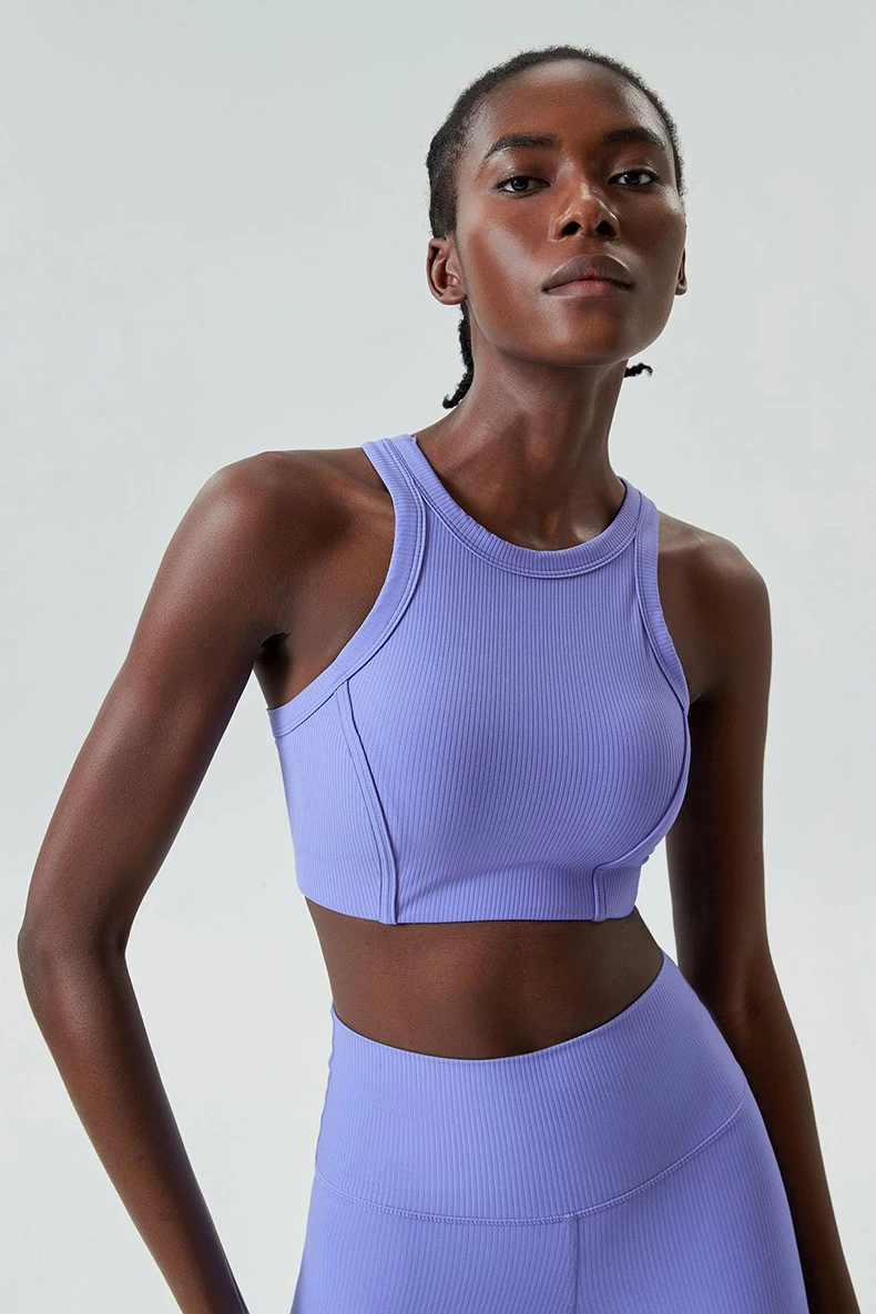High Impact Fitness Yoga Bra Super Stretch Round Neck Gym Crop Top Ribbed Fabric Sleeveless Running Vest Female Sportswear