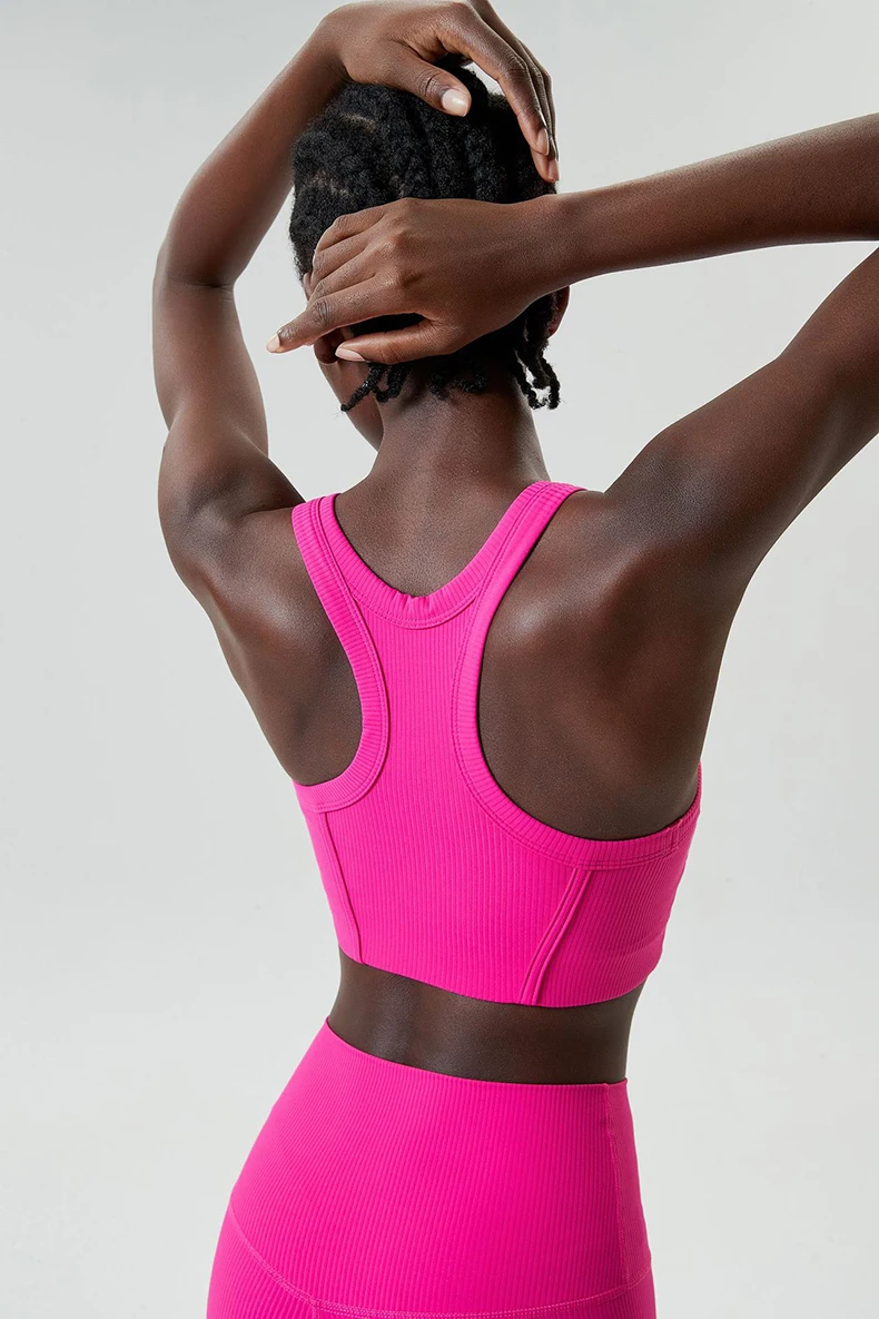 High Impact Fitness Yoga Bra Super Stretch Round Neck Gym Crop Top Ribbed Fabric Sleeveless Running Vest Female Sportswear