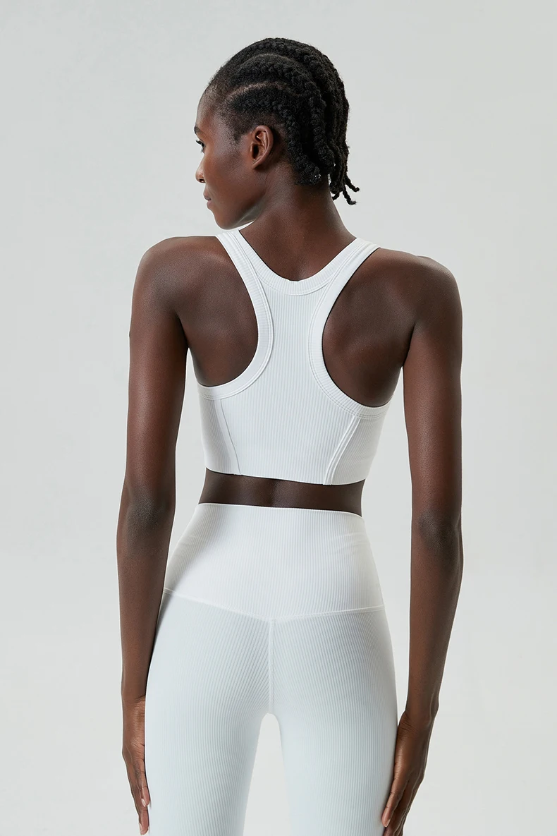 High Impact Fitness Yoga Bra Super Stretch Round Neck Gym Crop Top Ribbed Fabric Sleeveless Running Vest Female Sportswear