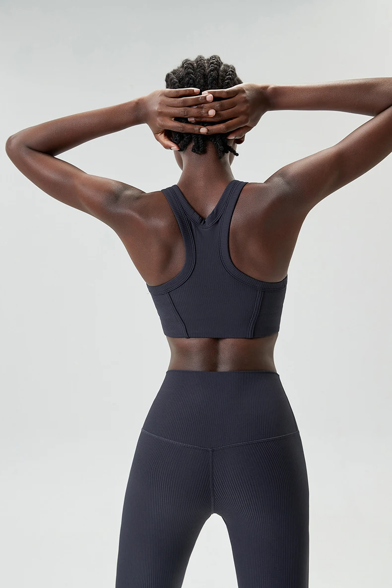 High Impact Fitness Yoga Bra Super Stretch Round Neck Gym Crop Top Ribbed Fabric Sleeveless Running Vest Female Sportswear