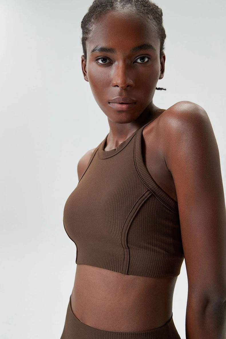 High Impact Fitness Yoga Bra Super Stretch Round Neck Gym Crop Top Ribbed Fabric Sleeveless Running Vest Female Sportswear