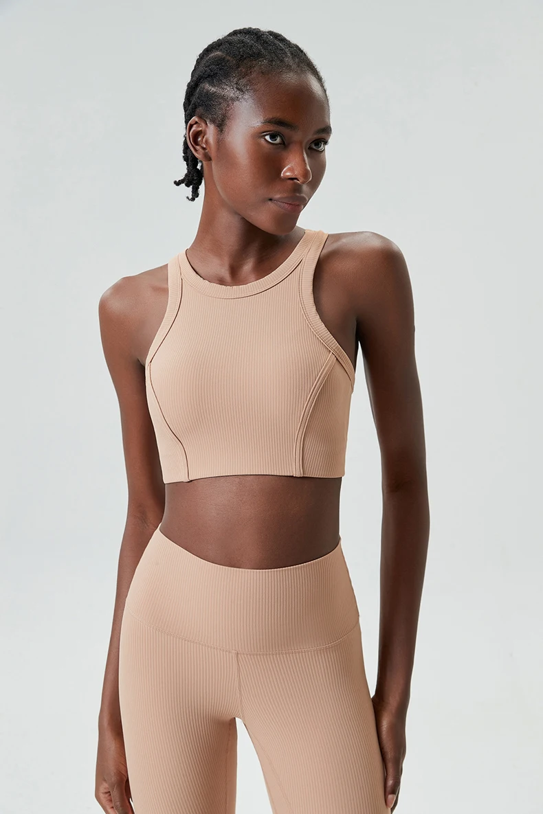 High Impact Fitness Yoga Bra Super Stretch Round Neck Gym Crop Top Ribbed Fabric Sleeveless Running Vest Female Sportswear