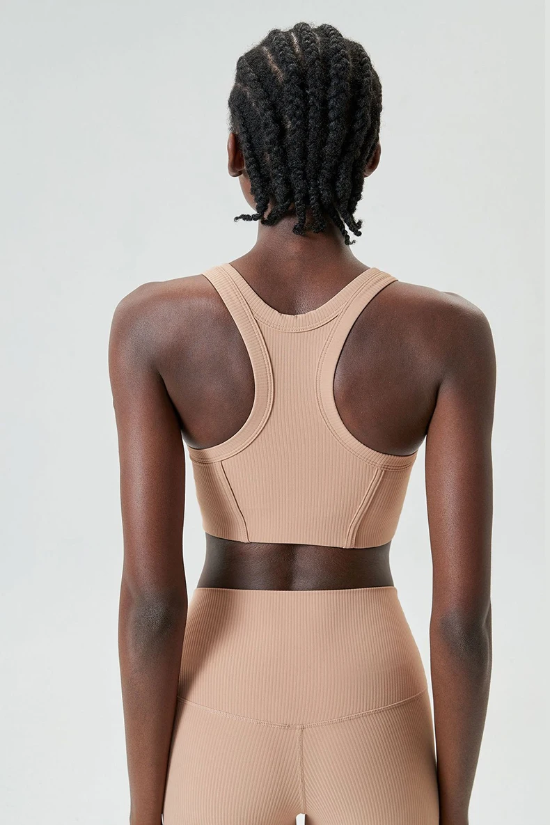 High Impact Fitness Yoga Bra Super Stretch Round Neck Gym Crop Top Ribbed Fabric Sleeveless Running Vest Female Sportswear