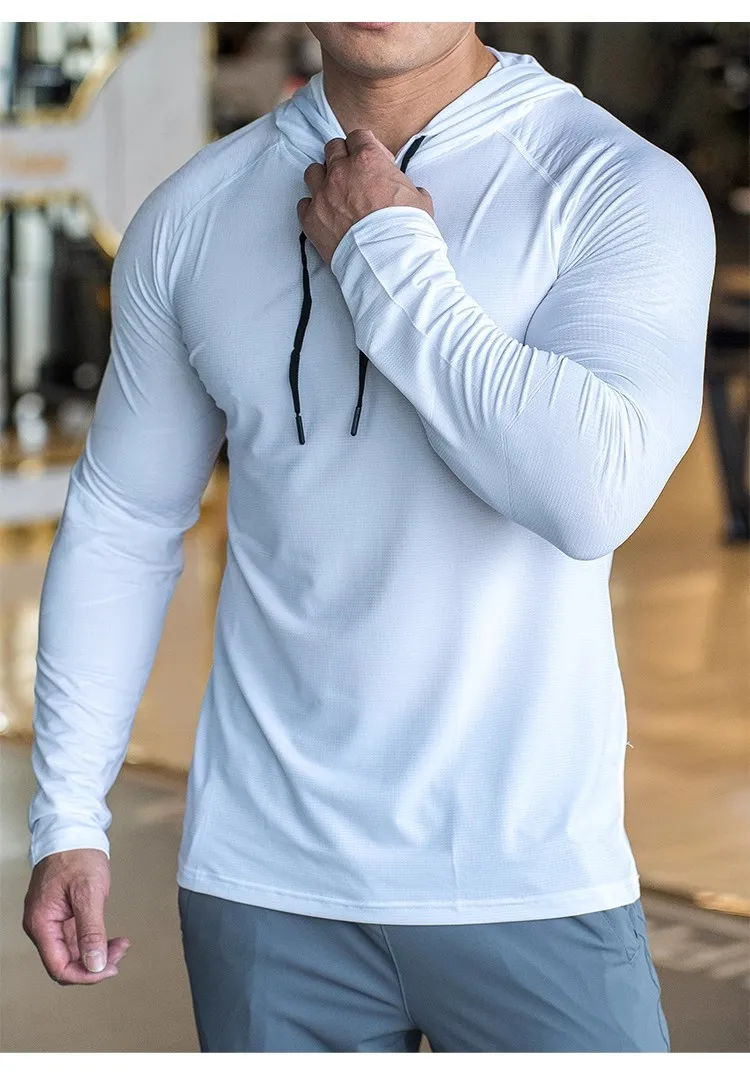 Sports hooded Men Fast Dry Breathable High Quality elastic Running Fashion Shirts Traning Bodybuilding Man Fitness long Sleeves