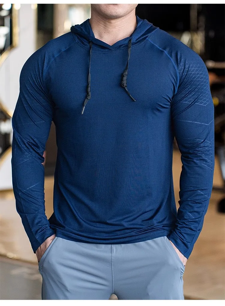 Sports hooded Men Fast Dry Breathable High Quality elastic Running Fashion Shirts Traning Bodybuilding Man Fitness long Sleeves