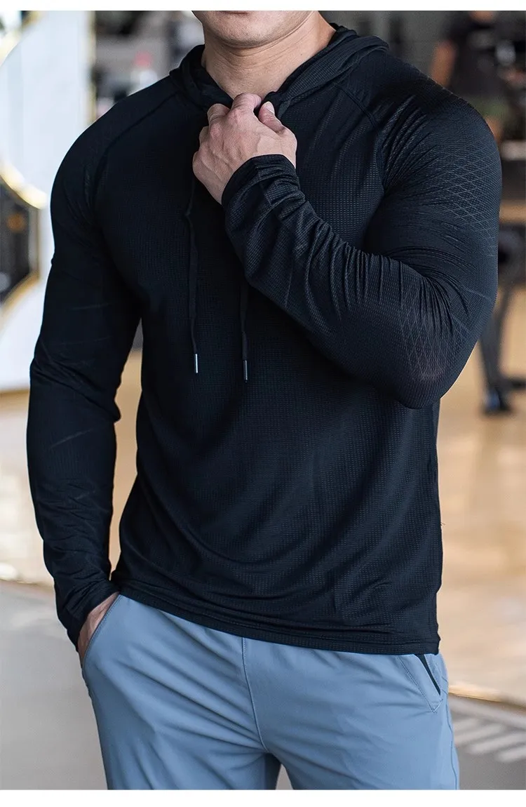 Sports hooded Men Fast Dry Breathable High Quality elastic Running Fashion Shirts Traning Bodybuilding Man Fitness long Sleeves