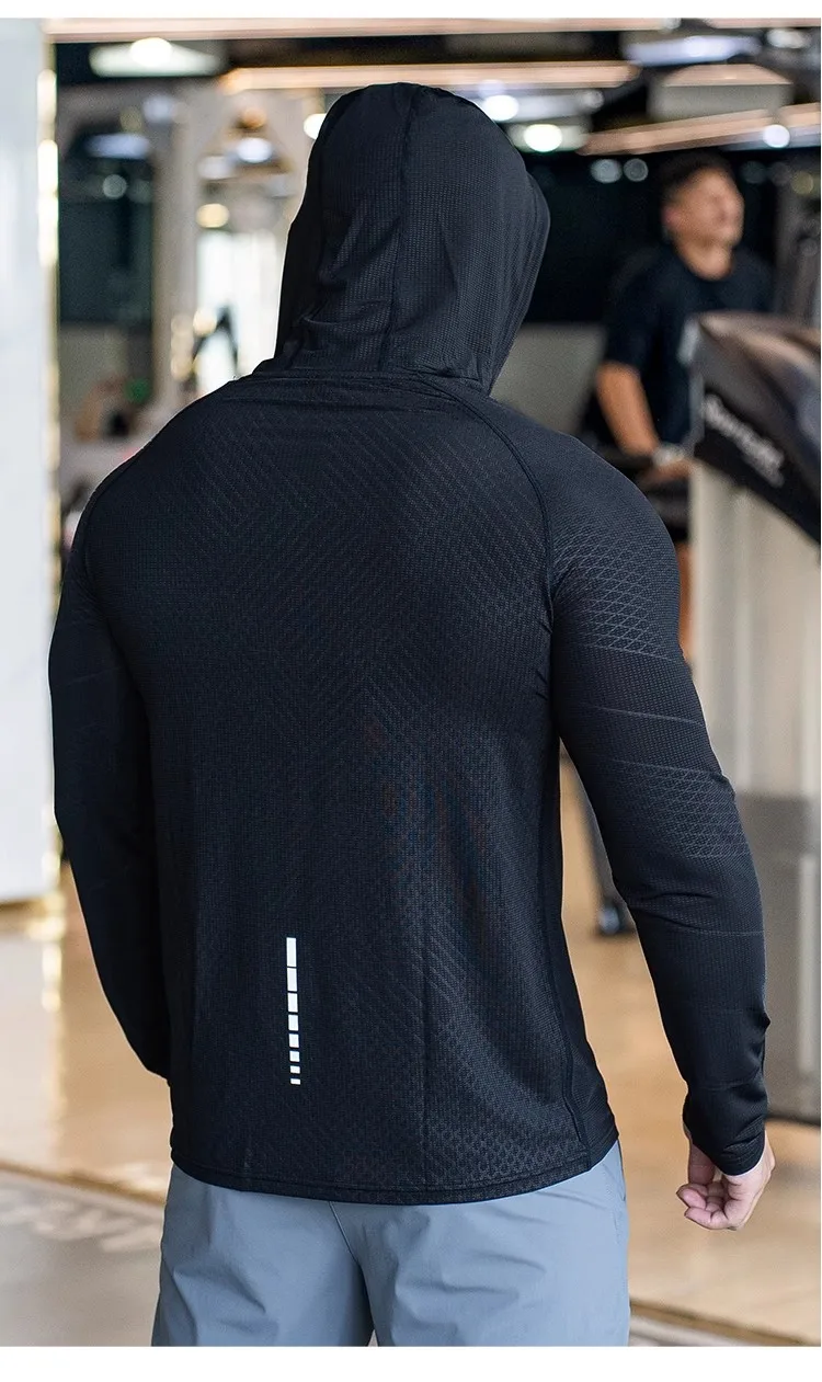 Sports hooded Men Fast Dry Breathable High Quality elastic Running Fashion Shirts Traning Bodybuilding Man Fitness long Sleeves