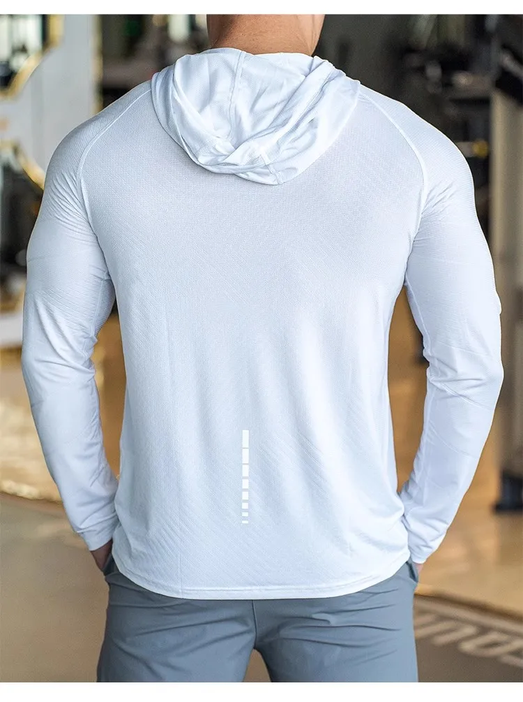 Sports hooded Men Fast Dry Breathable High Quality elastic Running Fashion Shirts Traning Bodybuilding Man Fitness long Sleeves