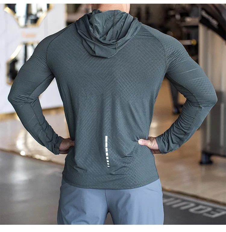 Sports hooded Men Fast Dry Breathable High Quality elastic Running Fashion Shirts Traning Bodybuilding Man Fitness long Sleeves