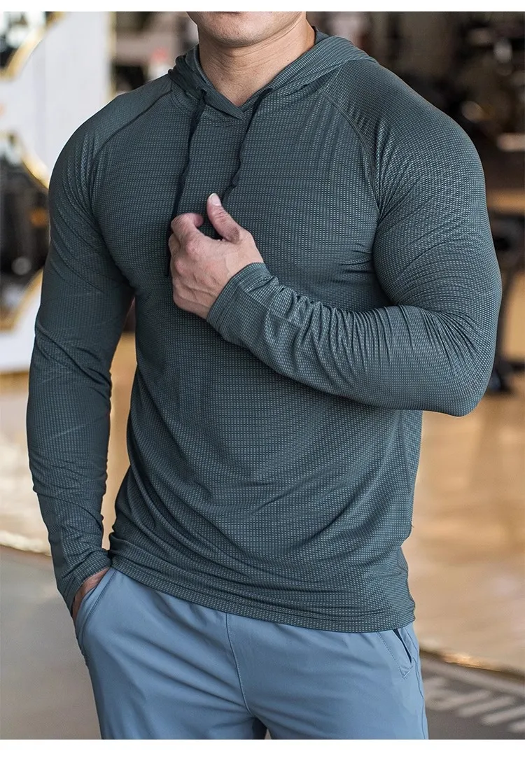 Sports hooded Men Fast Dry Breathable High Quality elastic Running Fashion Shirts Traning Bodybuilding Man Fitness long Sleeves