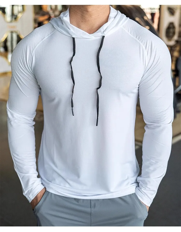 Sports hooded Men Fast Dry Breathable High Quality elastic Running Fashion Shirts Traning Bodybuilding Man Fitness long Sleeves