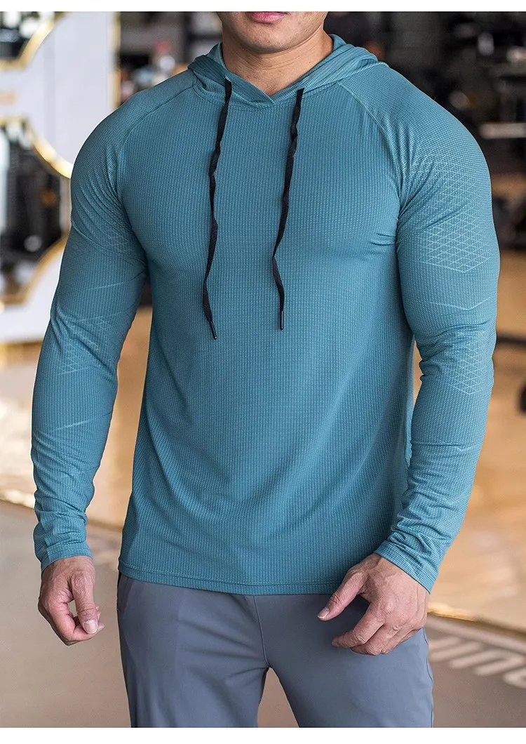 Sports hooded Men Fast Dry Breathable High Quality elastic Running Fashion Shirts Traning Bodybuilding Man Fitness long Sleeves