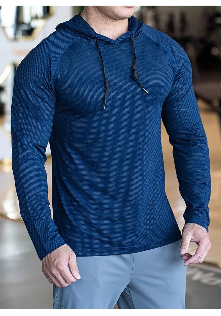 Sports hooded Men Fast Dry Breathable High Quality elastic Running Fashion Shirts Traning Bodybuilding Man Fitness long Sleeves