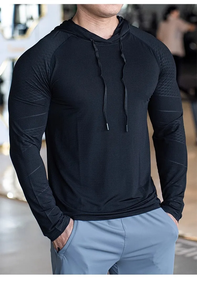 Sports hooded Men Fast Dry Breathable High Quality elastic Running Fashion Shirts Traning Bodybuilding Man Fitness long Sleeves