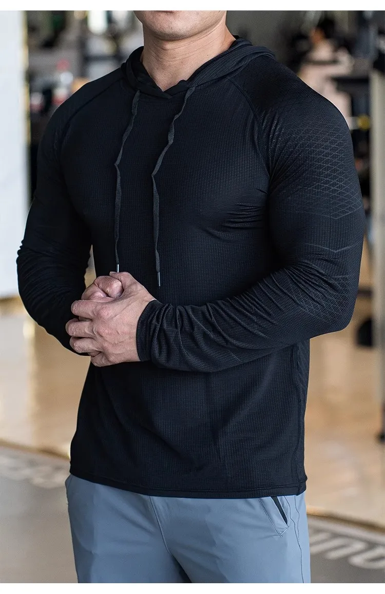 Sports hooded Men Fast Dry Breathable High Quality elastic Running Fashion Shirts Traning Bodybuilding Man Fitness long Sleeves