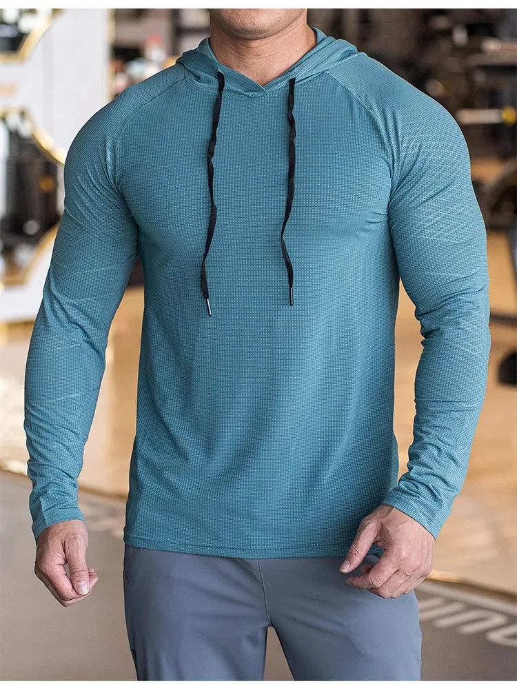 Sports hooded Men Fast Dry Breathable High Quality elastic Running Fashion Shirts Traning Bodybuilding Man Fitness long Sleeves