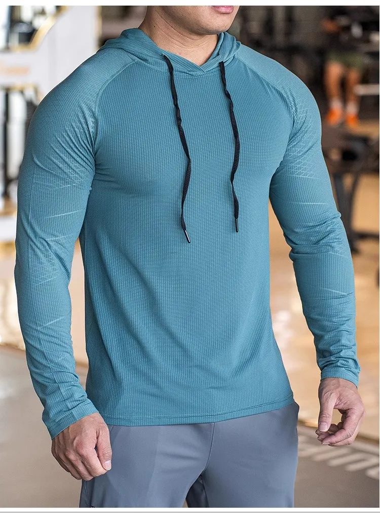 Sports hooded Men Fast Dry Breathable High Quality elastic Running Fashion Shirts Traning Bodybuilding Man Fitness long Sleeves