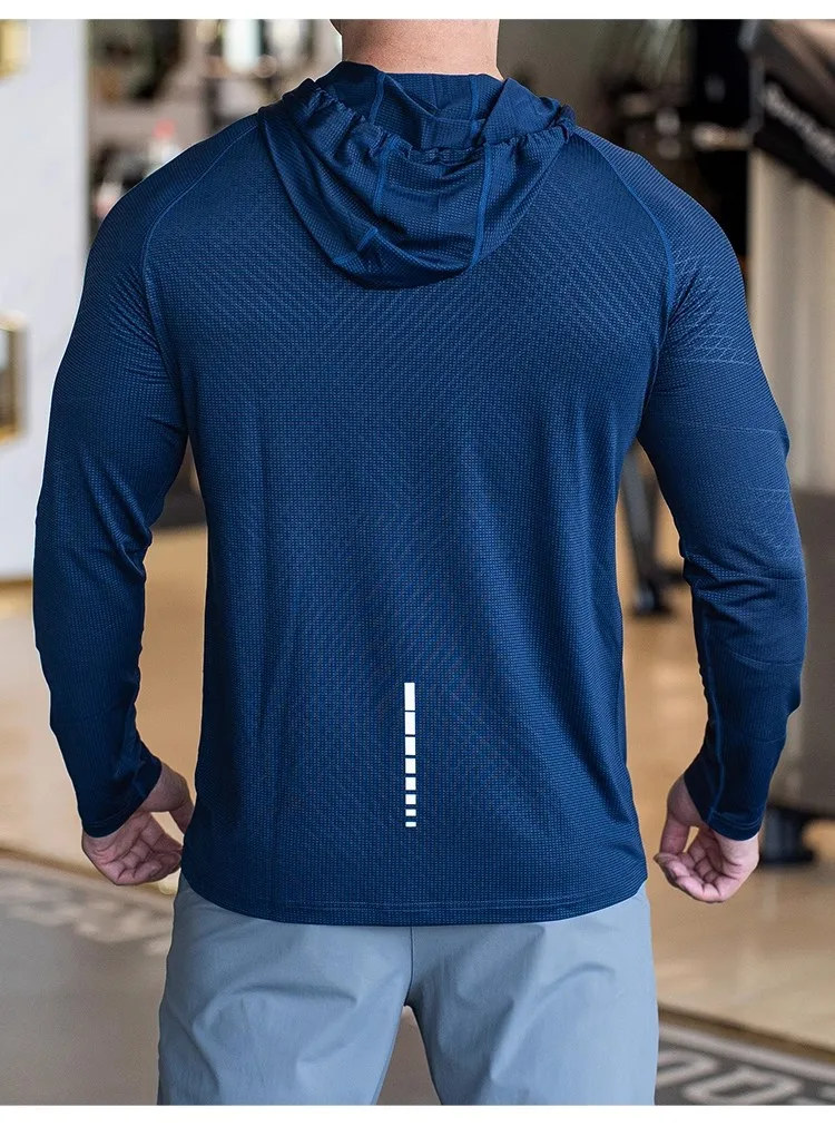 Sports hooded Men Fast Dry Breathable High Quality elastic Running Fashion Shirts Traning Bodybuilding Man Fitness long Sleeves