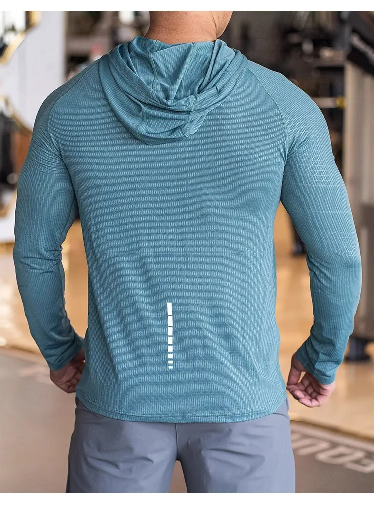 Sports hooded Men Fast Dry Breathable High Quality elastic Running Fashion Shirts Traning Bodybuilding Man Fitness long Sleeves
