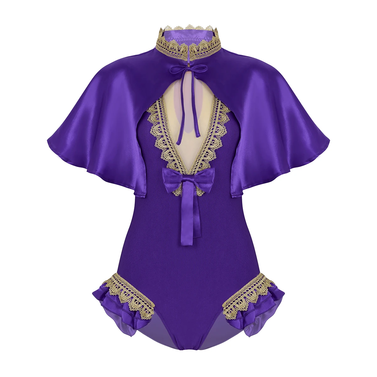 2Pcs Women Adults Dance Cosplay Costume Halloween Party Role Play Outfit Shiny Satin Cape Top With Sleeveless Leotard Bodysuit