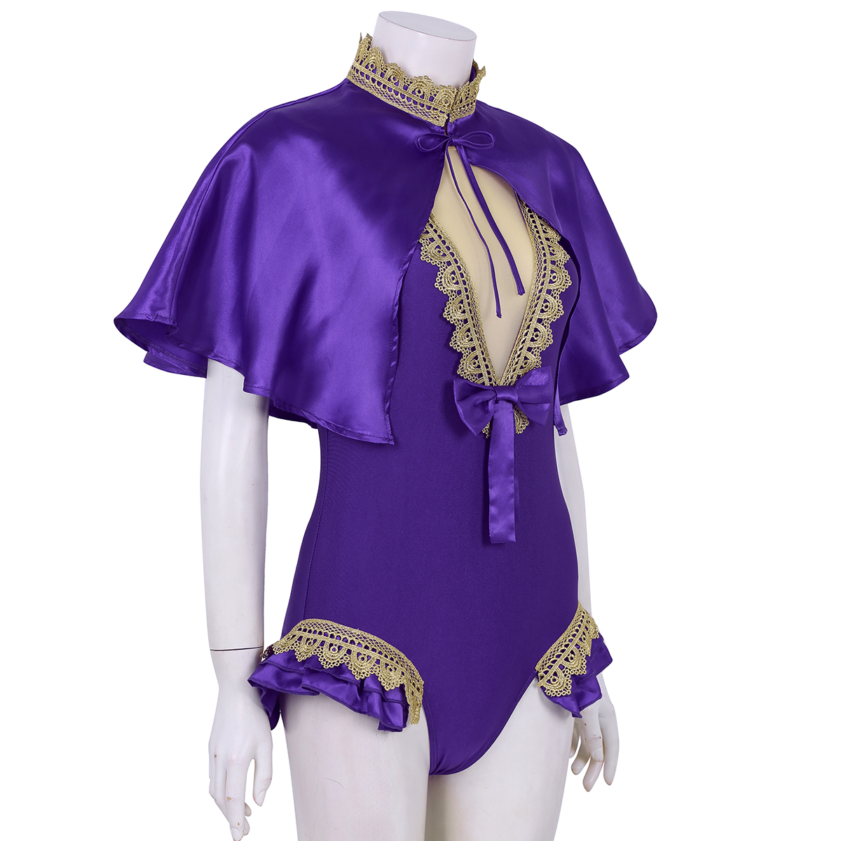 2Pcs Women Adults Dance Cosplay Costume Halloween Party Role Play Outfit Shiny Satin Cape Top With Sleeveless Leotard Bodysuit