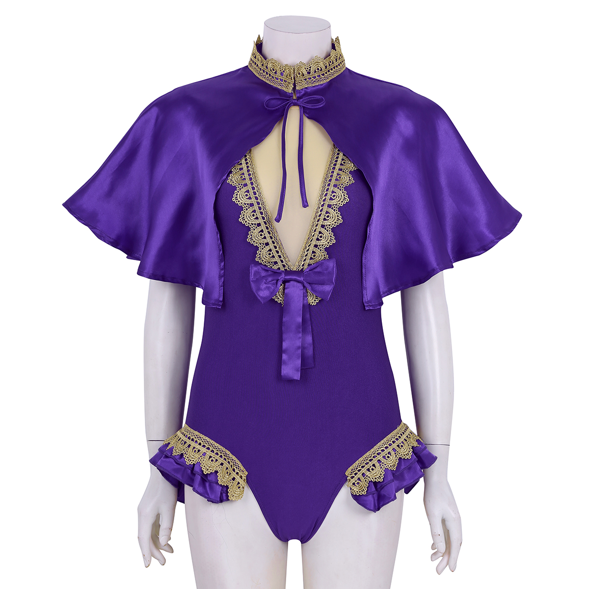 2Pcs Women Adults Dance Cosplay Costume Halloween Party Role Play Outfit Shiny Satin Cape Top With Sleeveless Leotard Bodysuit